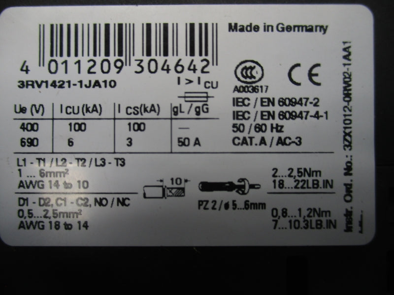 SIEMENS 3RV1421-1JA10 690VAC, 7-10A NSNP