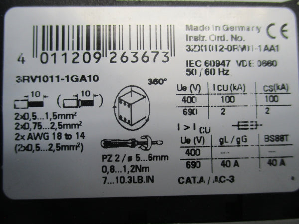 SIEMENS 3RV1011-1GA10 690V 4.5-6.3A NSMP