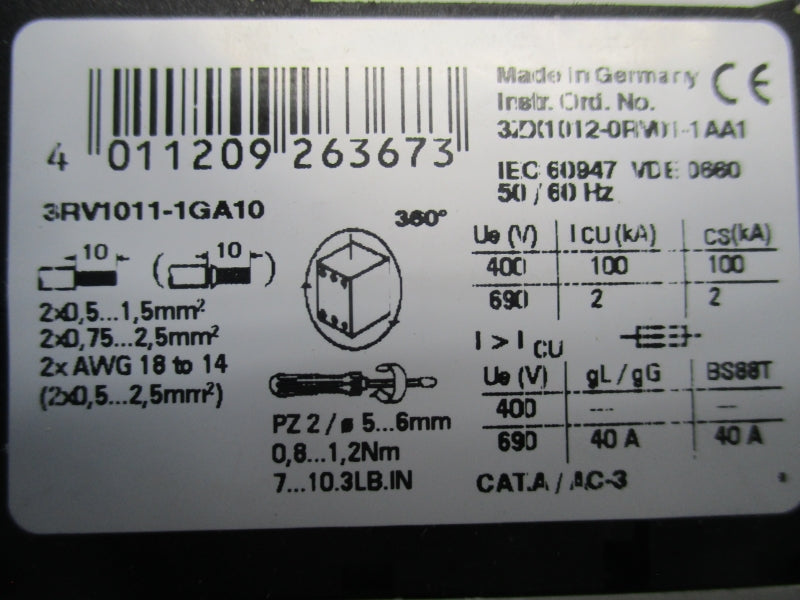 SIEMENS 3RV1011-1GA10 690V 4.5-6.3A NSMP