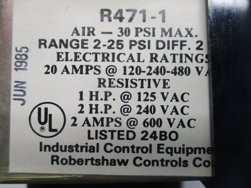 ROBERTSHAW R471-1 120/240/480VAC 2-25AMP 2-25PSI NSNP