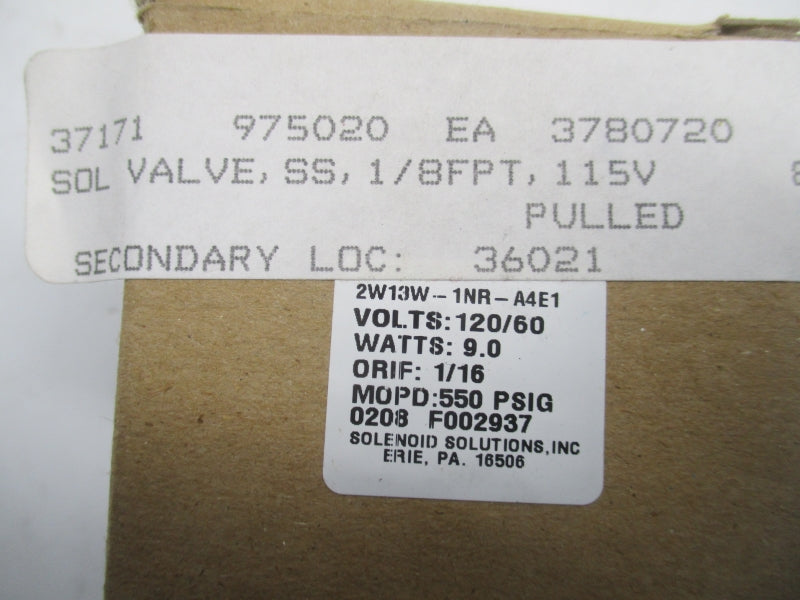 SOLENOID SOLUTIONS 2W13W-1NR-A4E1 120/60 550PSI NSMP