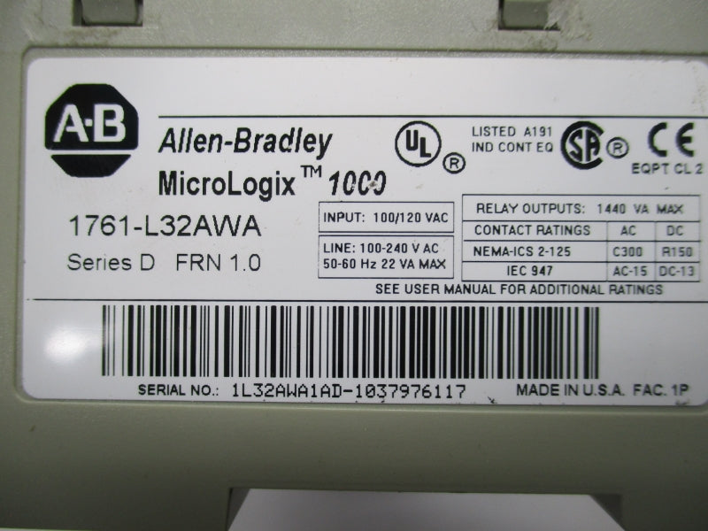 ALLEN BRADLEY 1761-L32AWA SER.D 100/120VAC F/W 1.0 100-240VAC UNMP