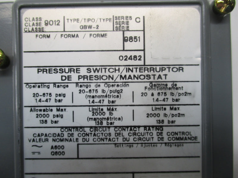SQUARE D 9012GBW-2 SER. C 675PSI NSNP