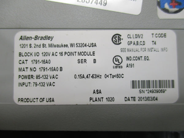 ALLEN BRADLEY 1791-16A0 SER. B 79/132VAC NSNP