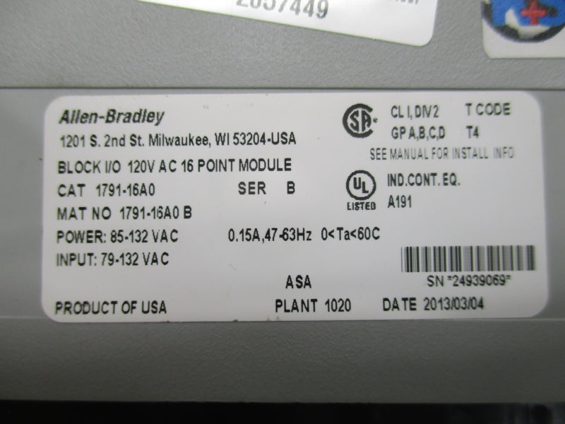 ALLEN BRADLEY 1791-16A0 SER. B 79/132VAC NSNP