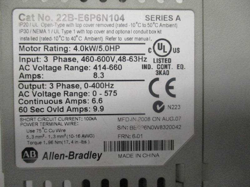 ALLEN BRADLEY 22B-E6P6N104 SER. A F/W 6.01 414-660VAC 8.3A UNMP