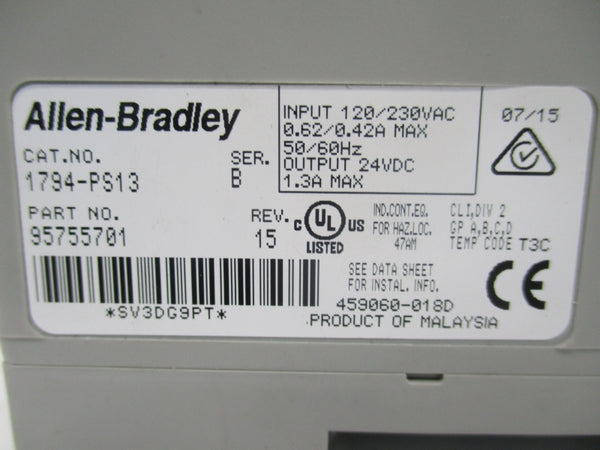 ALLEN BRADLEY 1794-PS13 SER. B REV. 15 120/230VAC 0.62/0.42A UNMP