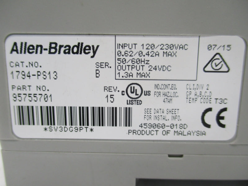 ALLEN BRADLEY 1794-PS13 SER. B REV. 15 120/230VAC 0.62/0.42A UNMP
