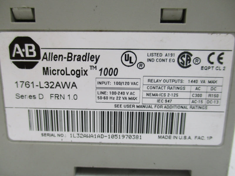 ALLEN BRADLEY 1761-L32AWA SER. D F/W 1.0 100/120VAC (NO DOORS) UNMP