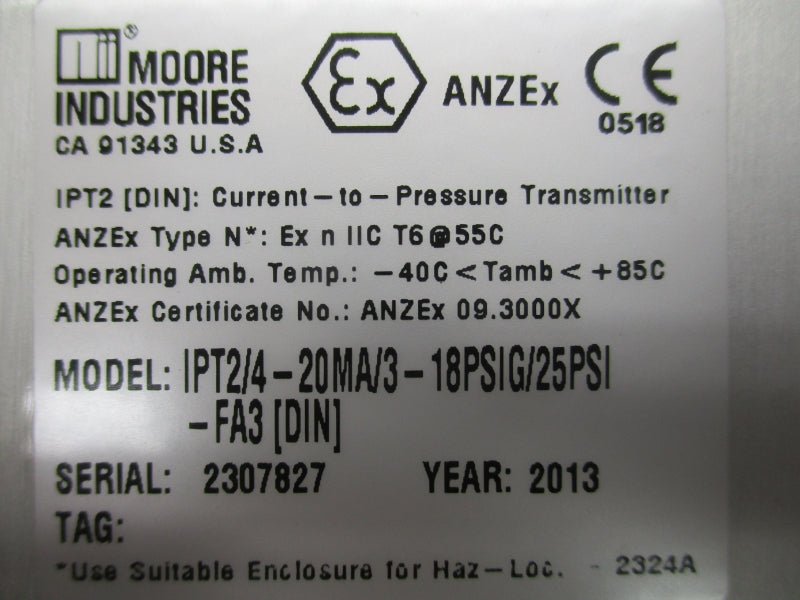 MOORE INDUSTRIES IPT2/4-20MA/3-18PSIG/25PSI-FA3[DIN] NSNP