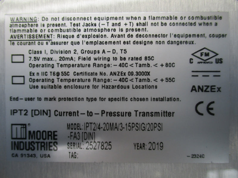 MOORE INDUSTRIES IPT2/4-20MA/3-15PSIG/20PSI-FA3[DIN] NSNP