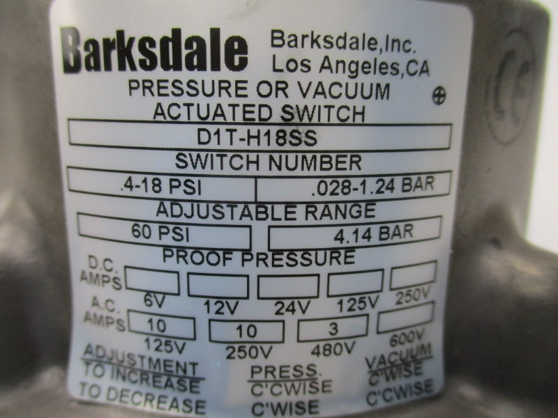 BARKSDALE D1T-H18SS 4-18PSI 480V 10A NSNP