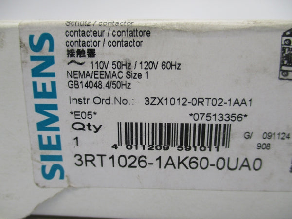 SIEMENS 3RT1026-1AK60-0UA0 110/120V 27A NSMP