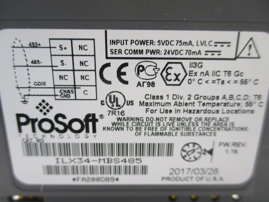 PROSOFT ILX34-MBS485 5VDC REV. 1.16 UNMP