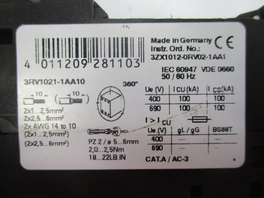 SIEMENS 3RV1021-1AA10 690V 1.1-1.6A NSNP