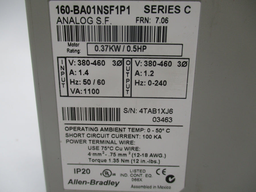 ALLEN BRADLEY 160-BA01NSF1P1 SER. C F/W 7.06 380-460V 1.4A NSNP
