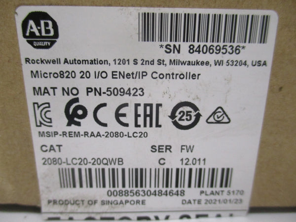 ALLEN BRADLEY 2080-LC20-20QWB SER. C F/W 12.011 24VDC NSMP