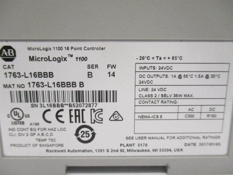 ALLEN BRADLEY 1763-L16BBB SER. B F/W 14 24VDC 1.5A NSNP