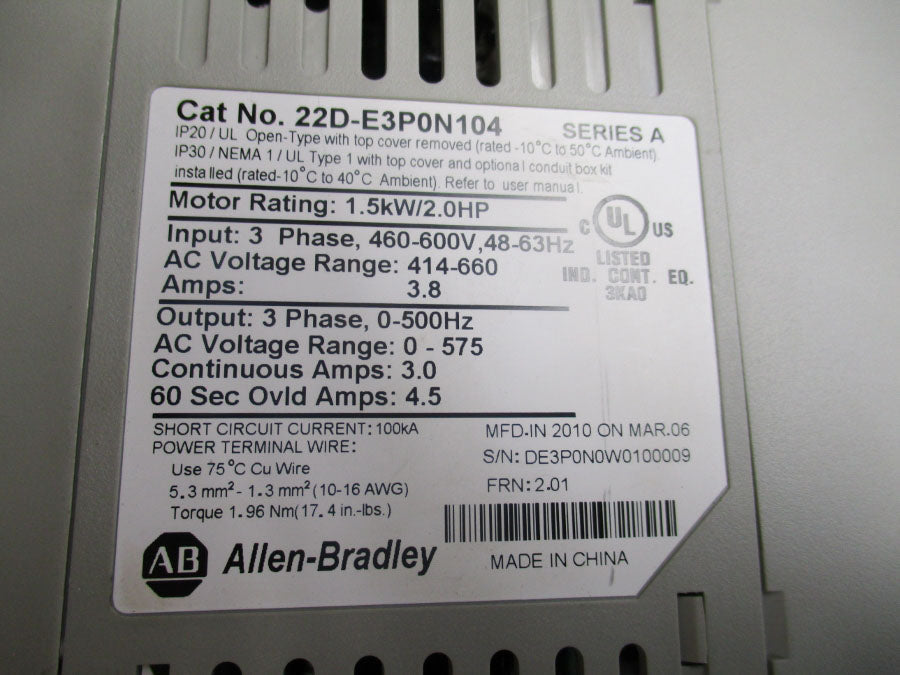 ALLEN BRADLEY 22D-E3P0N104 SER. A 460-600V 3.8A F/W 2.01 NSNP