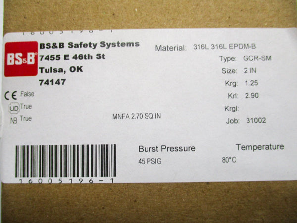 BS&B GCR-SM 316LEPDM-B 45PSI 2" NSFS