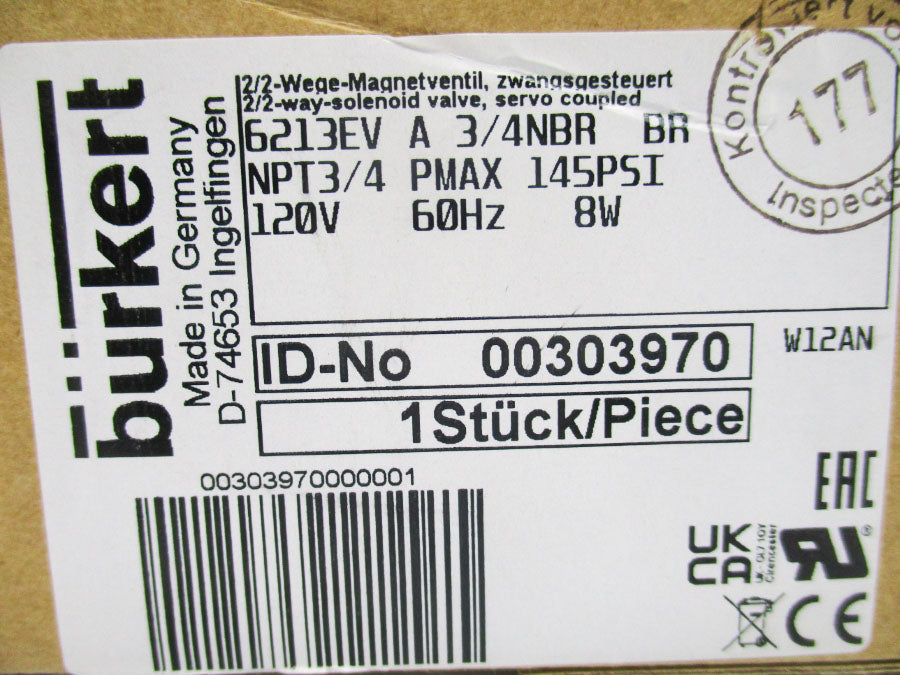 BURKERT 6213EVA3/4NBRBRNPT3/4 00303970 120V 145PSI NSMP