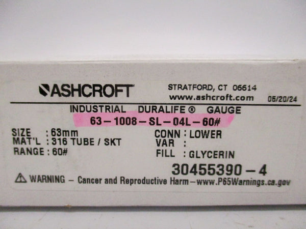 ASHCROFT 63-1008-SL-04L-60# 0-60PSI NSMP