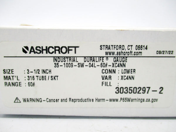 ASHCROFT 35-1009-SW-04L-60#-XC4NN 0-30PSI NSMP