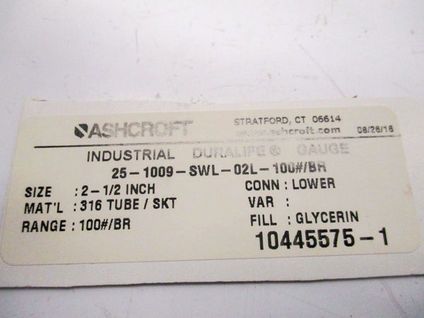 ASHCROFT 25-1009-SWL-02L-100/BR 0-100PSI 2-1/2" NSNP