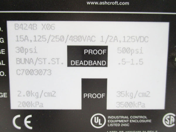ASHCROFT B424BX06 REV. C 125/250/480VAC 15A 500PSI NSMP