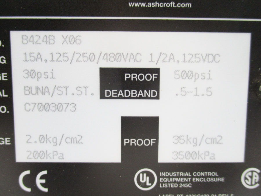 ASHCROFT B424BX06 REV. C 125/250/480VAC 15A 500PSI NSMP