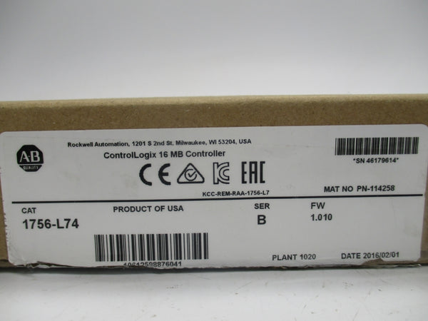 INDUSTRIAL SPARE PART 1756-L74 SER. B F/W 1.010 5.1VDC NSMP