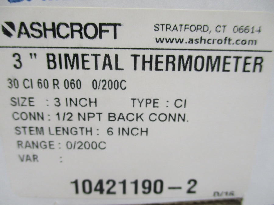 ASHCROFT 30CI60R060-0/200C 10421190-2 3" NSMP