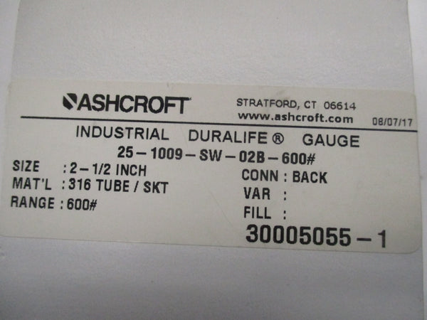 ASHCROFT 25-1009-SW-02B-600# 600PSI NSMP