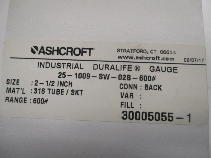 ASHCROFT 25-1009-SW-02B-600# 600PSI NSMP