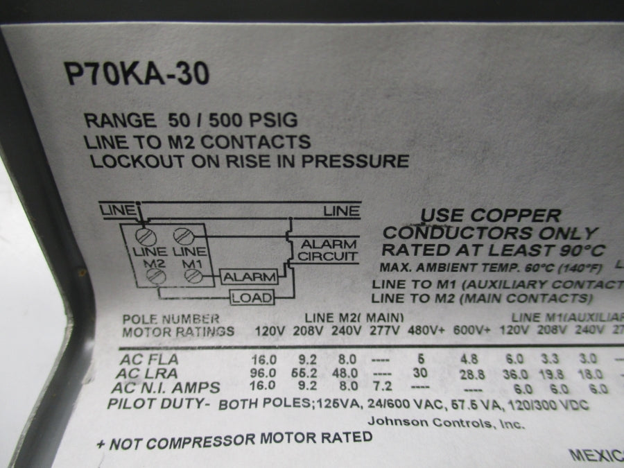 JOHNSON CONTROLS P70KA-30 600V 16A 50-500PSI NSNP