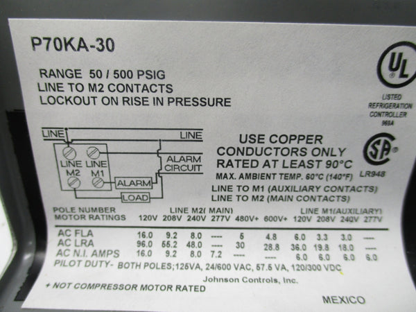 JOHNSON CONTROLS P70KA-30 600V 50/500PSI NSNP