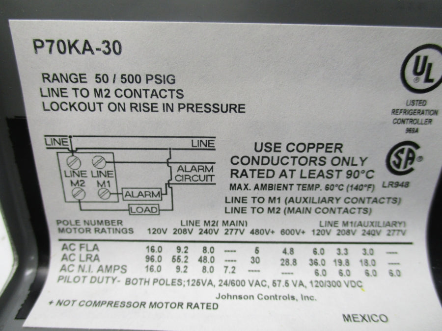 JOHNSON CONTROLS P70KA-30 600V 50/500PSI NSNP