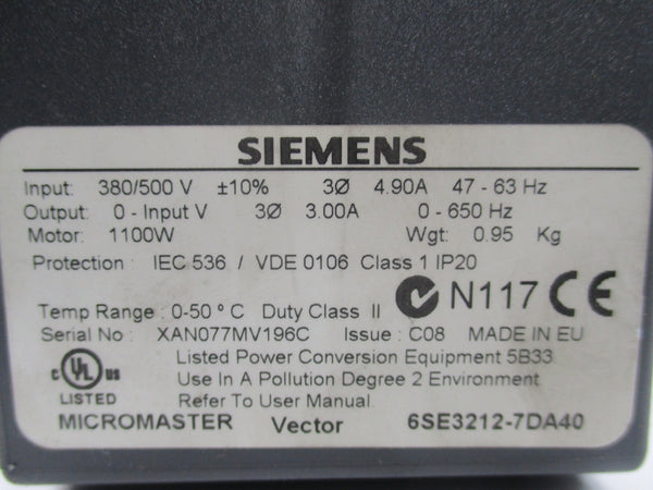 SIEMENS 6SE3212-7DA40 380/500V 4.90A UNMP