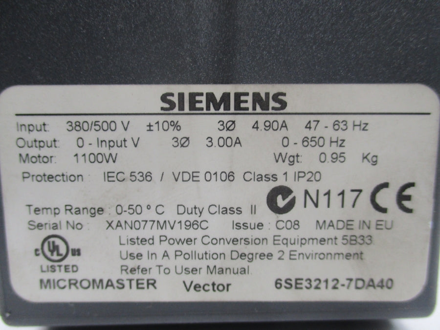 SIEMENS 6SE3212-7DA40 380/500V 4.90A UNMP