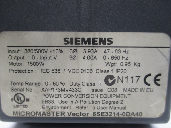 SIEMENS 6SE3214-0DA40 280/500V 5.90A UNMP
