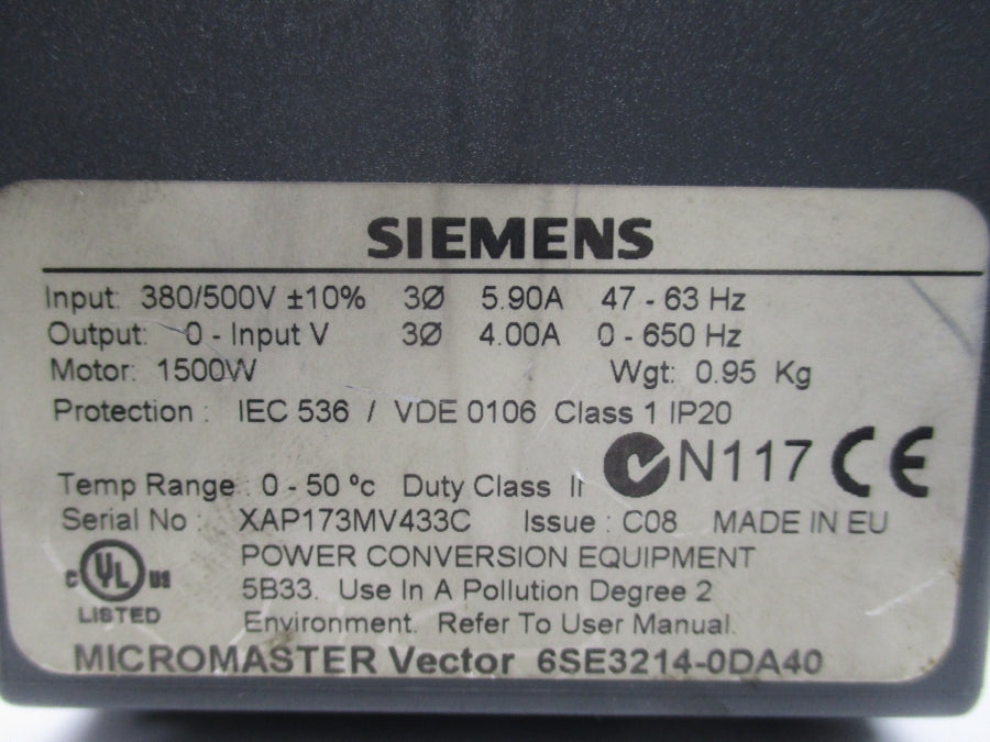 SIEMENS 6SE3214-0DA40 280/500V 5.90A UNMP
