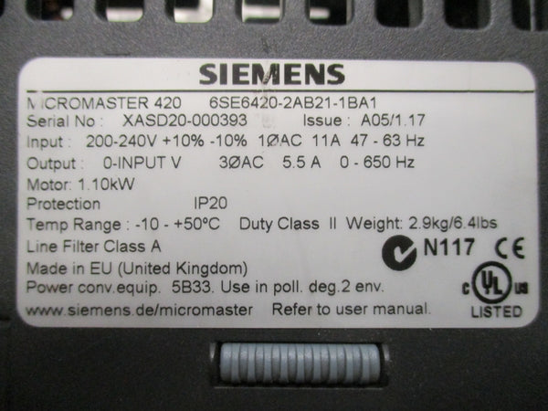 SIEMENS 6SE6420-2AB21-1BA1 200-240V 11A UNMP