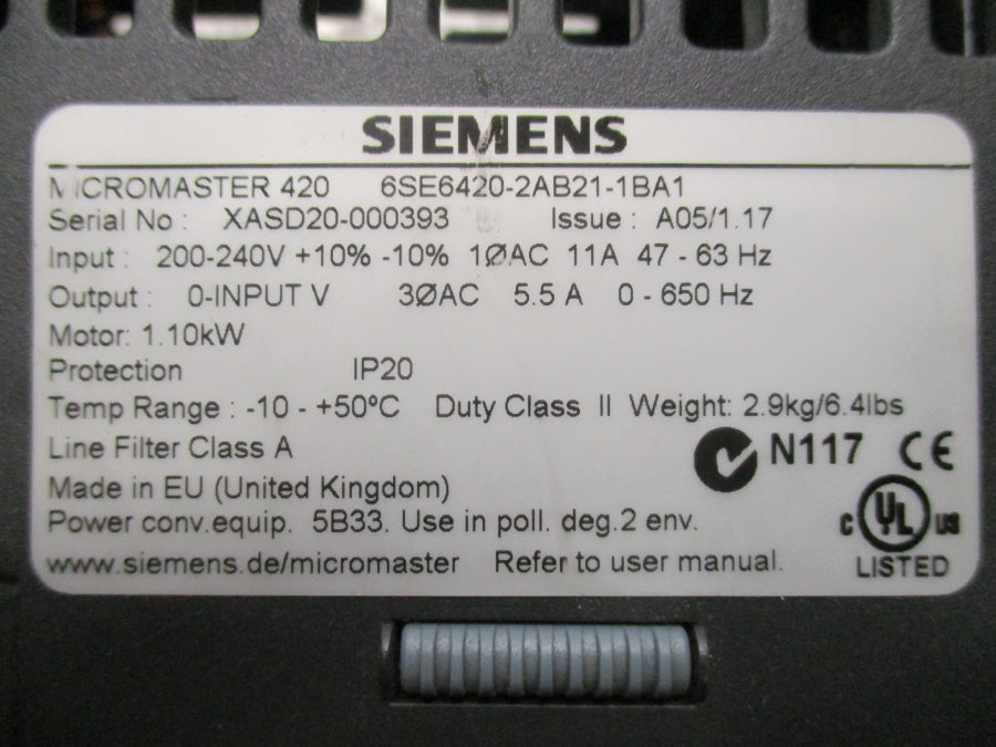 SIEMENS 6SE6420-2AB21-1BA1 200-240V 11A UNMP