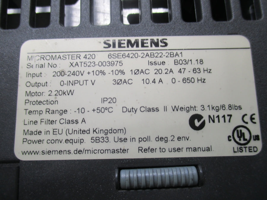 SIEMENS 6SE6420-2AB22-2BA1 200-240V 20.2A NSNP