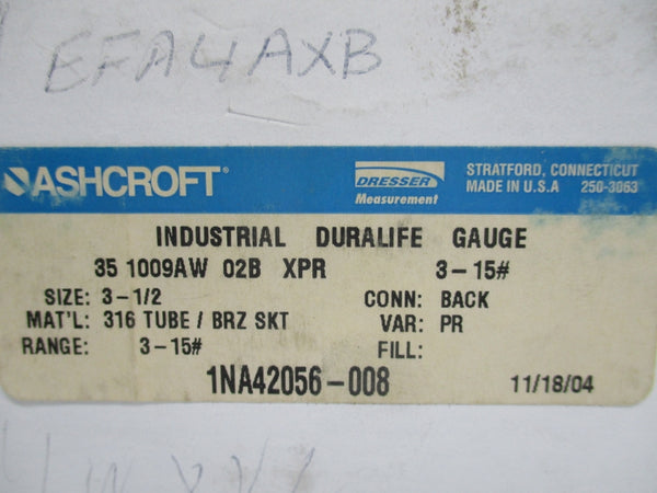 ASHCROFT 351009AW02BXPR 3-15PSI  3-1/2" NSMP