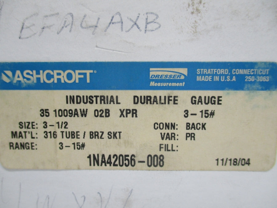 ASHCROFT 351009AW02BXPR 3-15PSI  3-1/2" NSMP