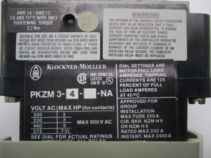 KLONCKNER-MOLLER PKZM3-4-NA 600VAC 2.2-3.8A NSMP