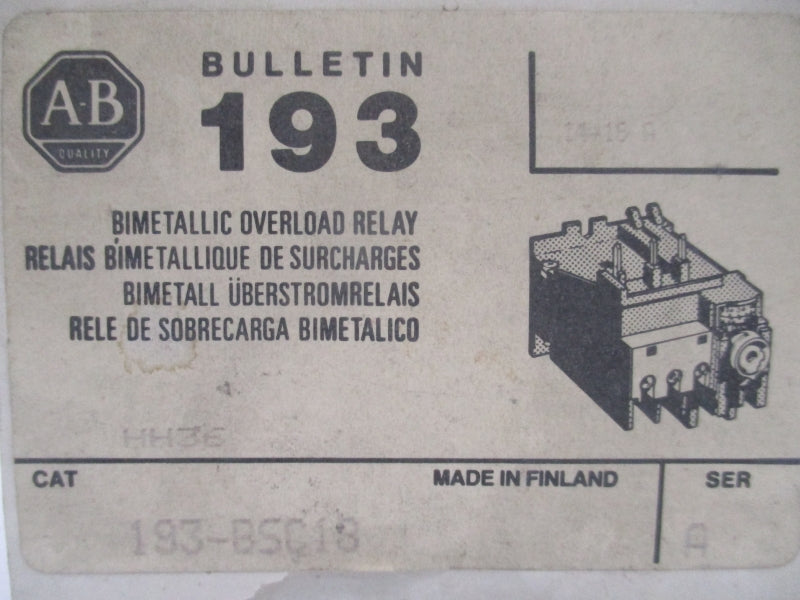 ALLEN BRADLEY 193-BSC18 SER.A 14-16A (BK/YL) NSMP