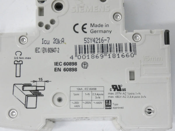 SIEMENS 5SY4216-7 5SY42MCBC16 400V 16A NSNP