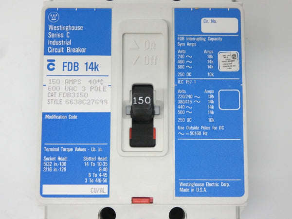 WESTINGHOUSE FDB3150 6638C27G99 600VAC 150A NSMP